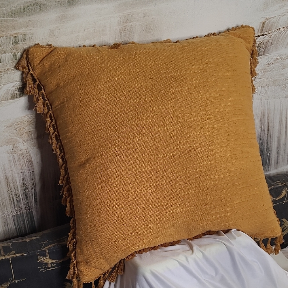 New! Threshold Euro Textured Slub Tassel Trim Decorative Accent Pillow in Gold